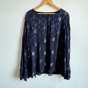 ANTHROPOLOGIE RDALAMAL Navy Metallic Polka Dot Bell-Sleeve Blouse